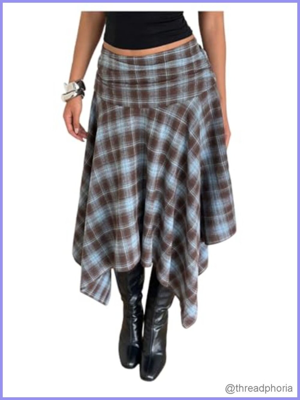 Flowy Y2K Plaid Midi Skirt Low Rise Asymmetrical Ruffled Hem